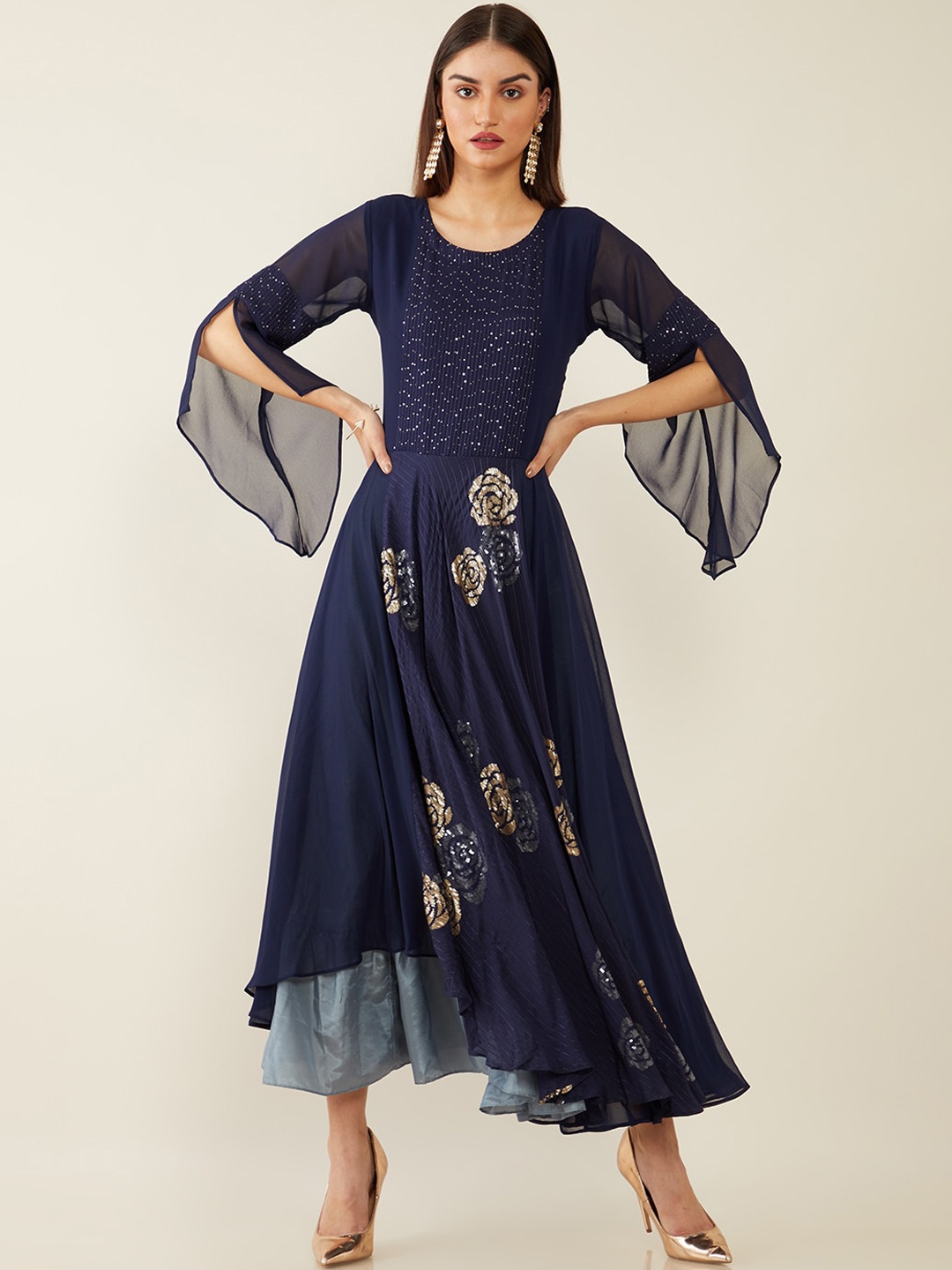

Soch Women Navy Blue Sequinned Flared Sleeves Georgette Anarkali Kurta