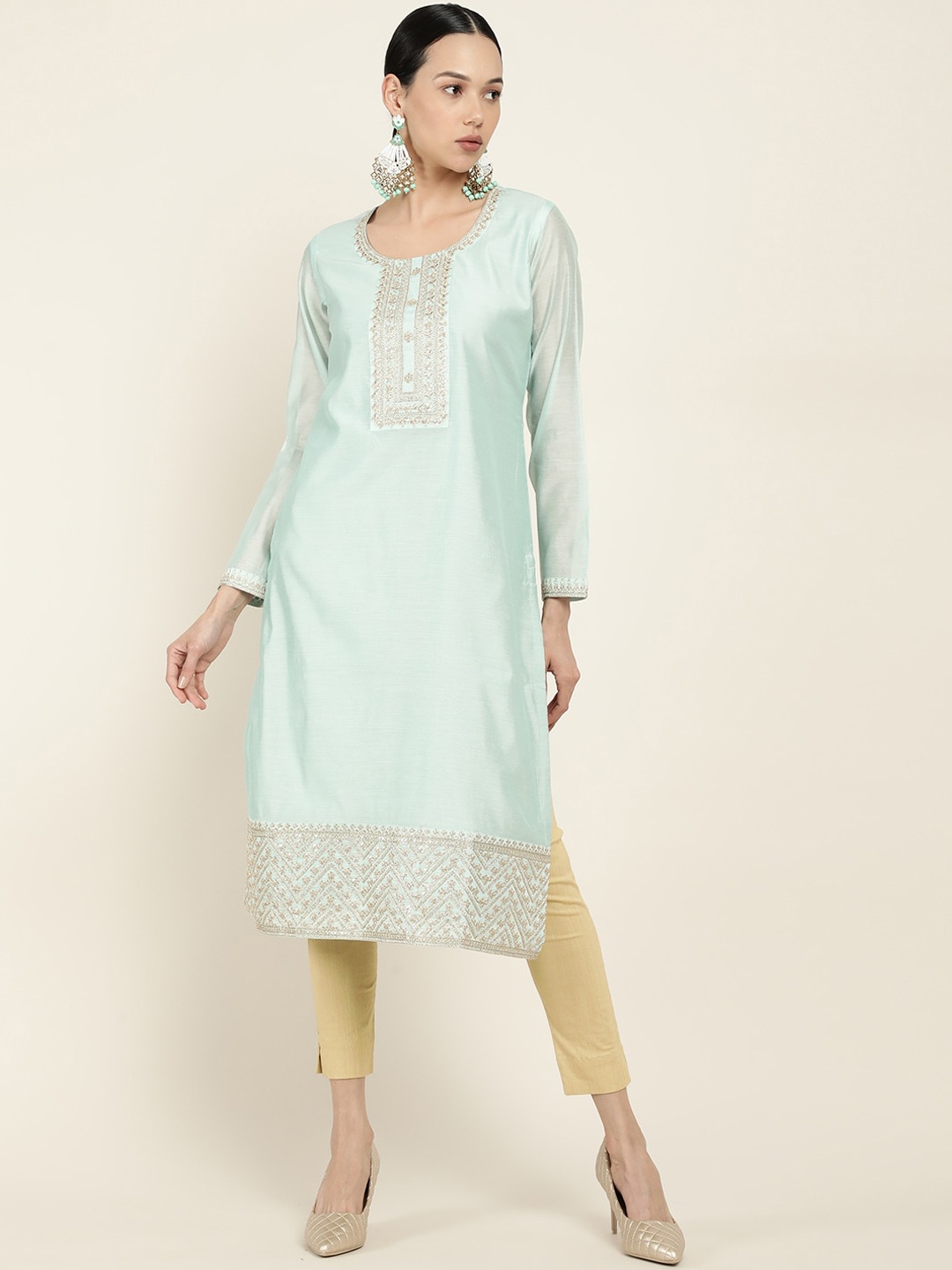 

Soch Women Green Embroidered Chikankari Chanderi Silk Kurta
