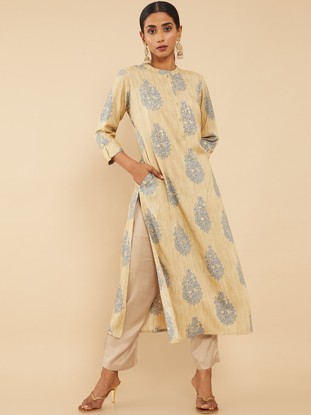 

Soch Women Beige Ethnic Motifs Embroidered Straight Kurta