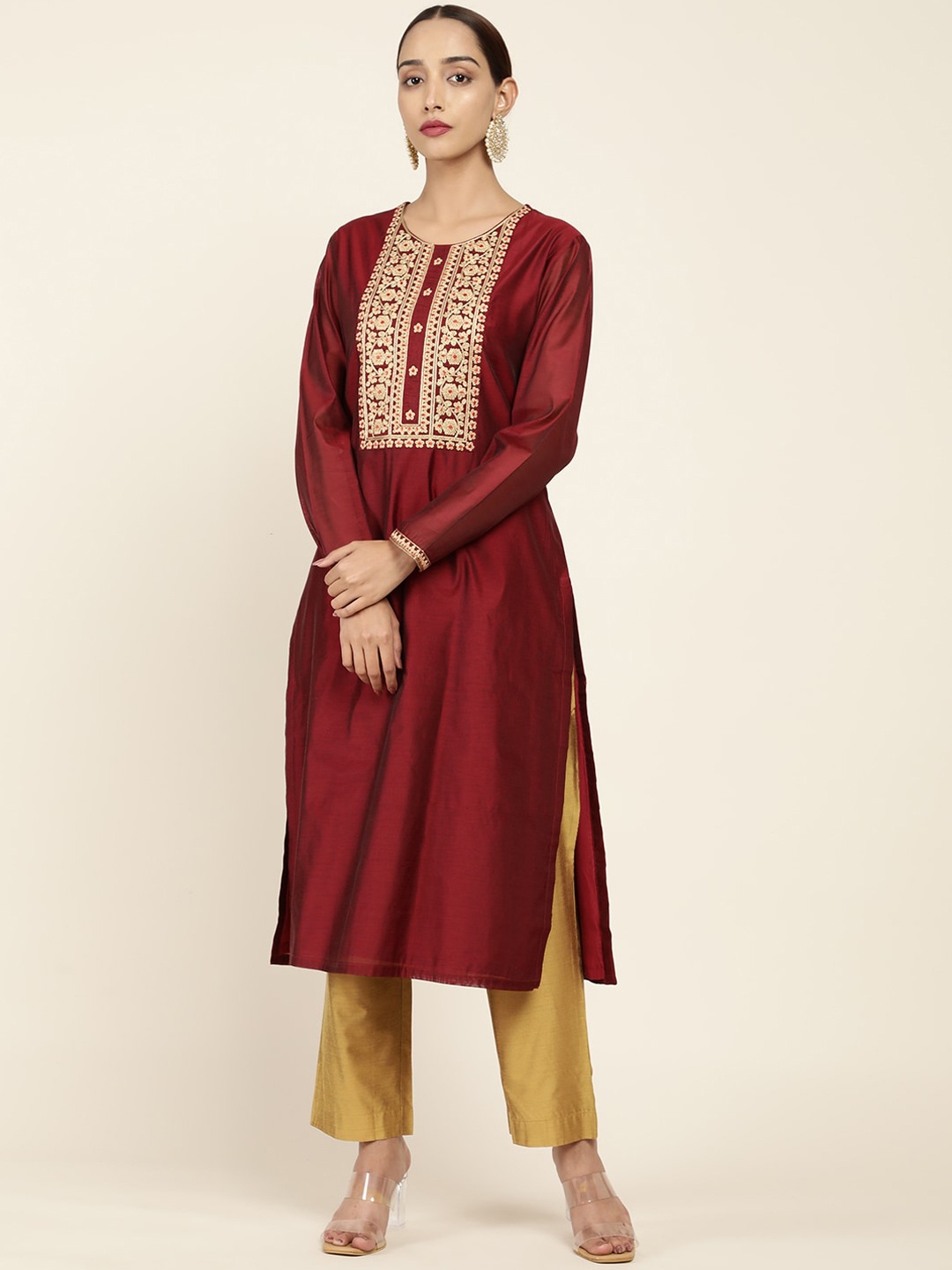 

Soch Women Maroon Embroidered Yoke Design Round Neck Chanderi Silk Kurta