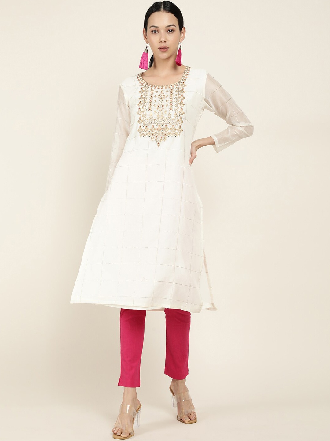 

Soch Women Off White Embroidered Round Neck Thread Work Kurta