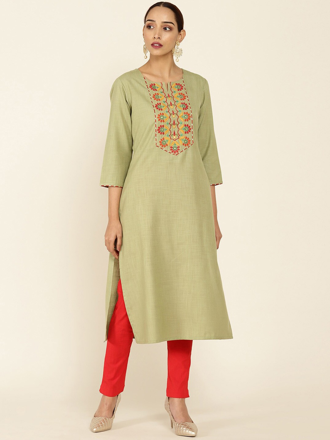 Soch Women Green Floral Embroidered Yoke Design Mirror Work Kurta