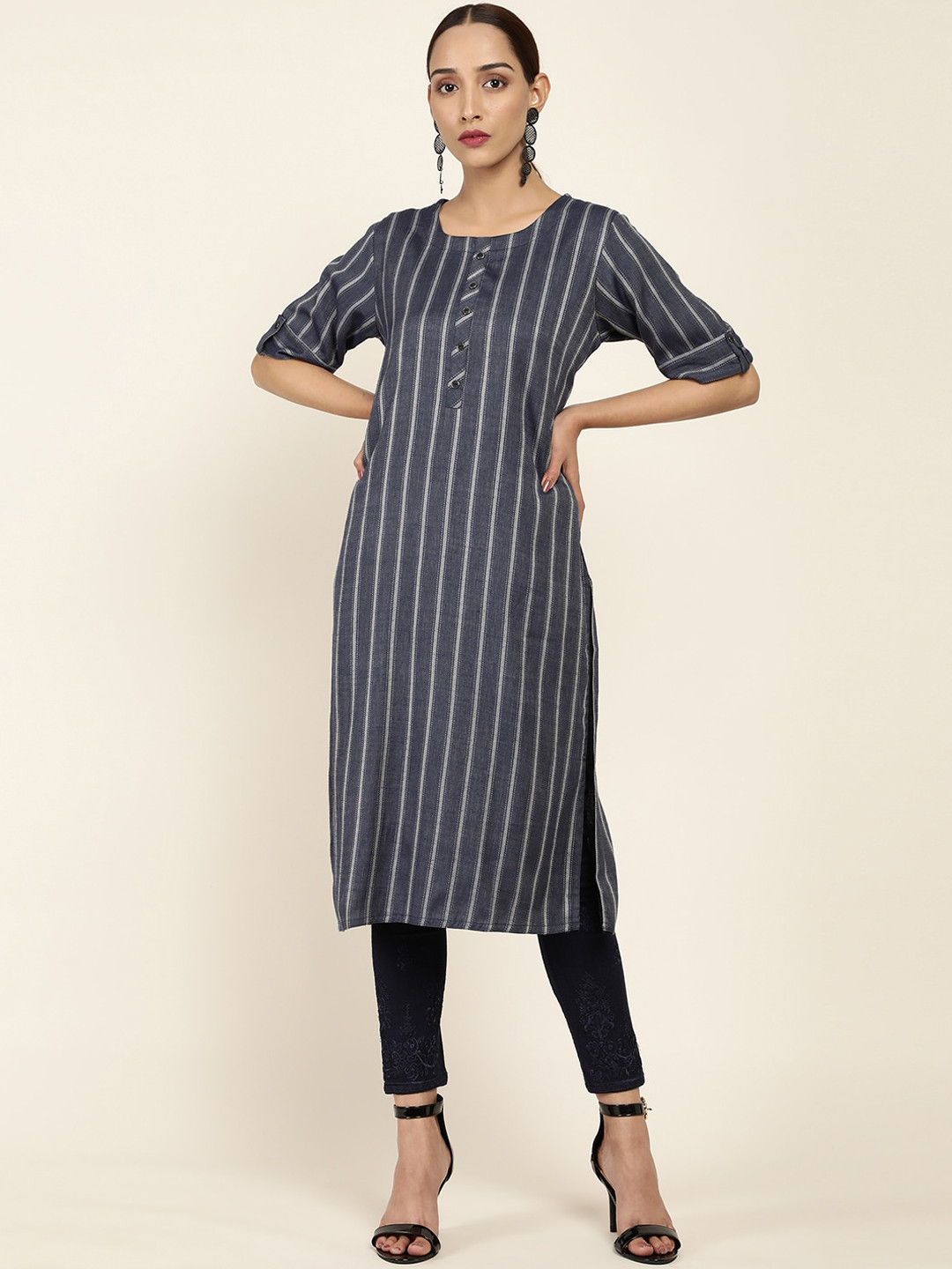 

Soch Women Grey Striped Round Neck Straight Kurta