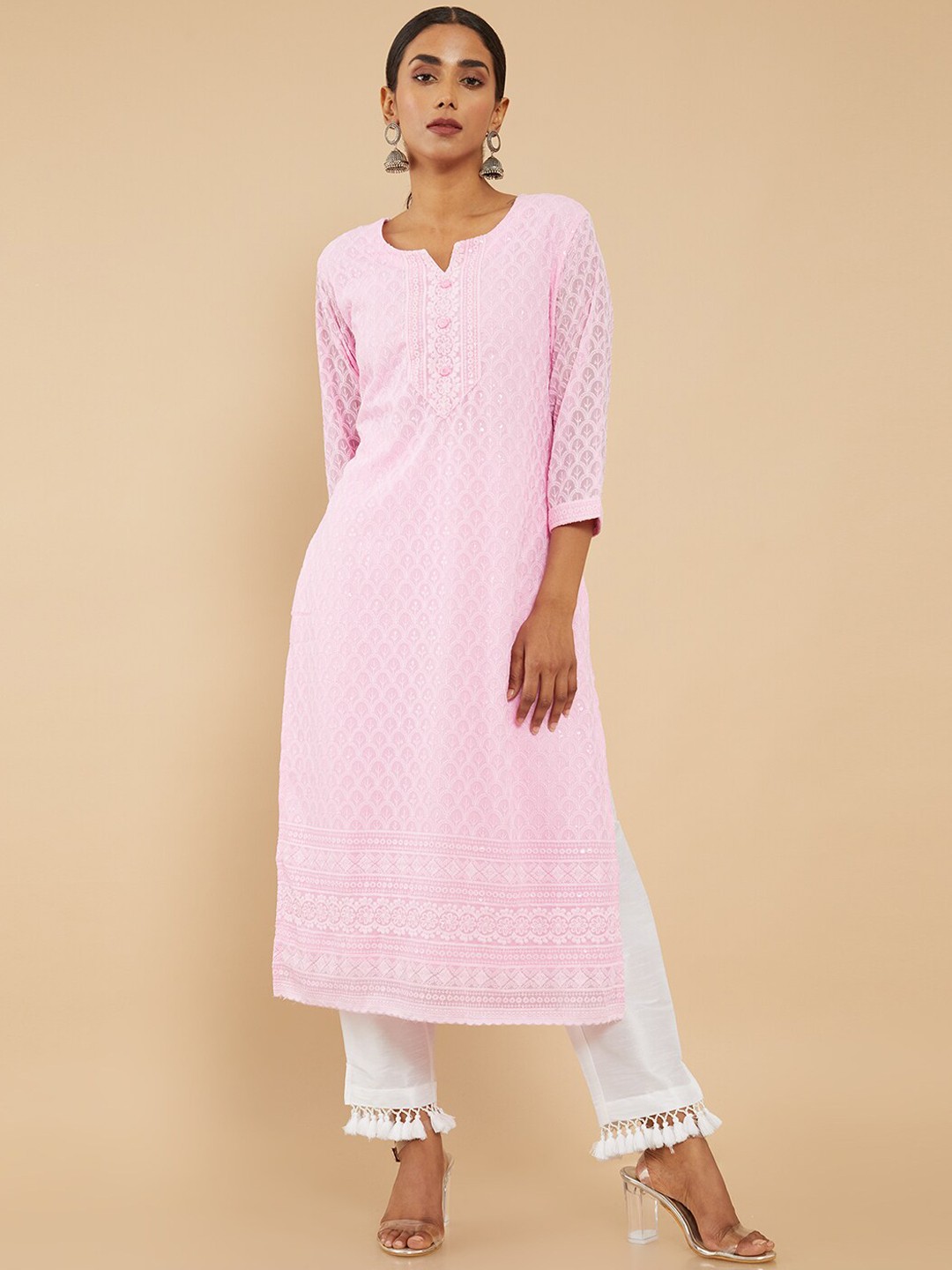 

Soch Women Pink Geometric Keyhole Neck Georgette Straight Kurta