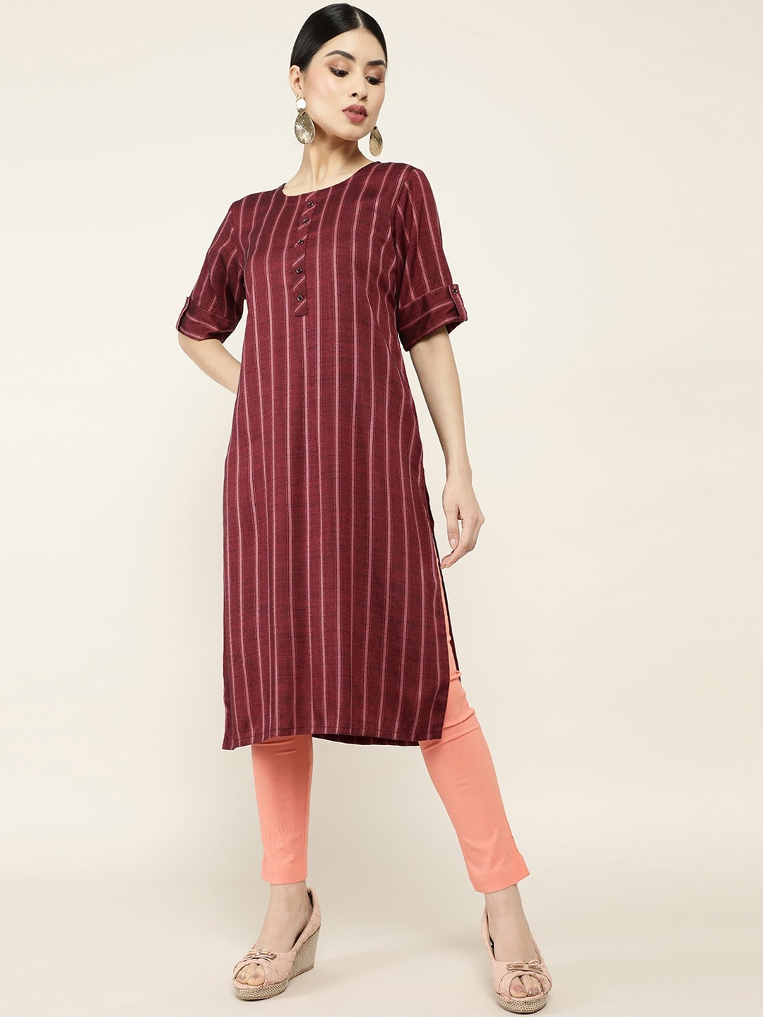 

Soch Women Red Striped Thread Work Pathani Straight Kurta