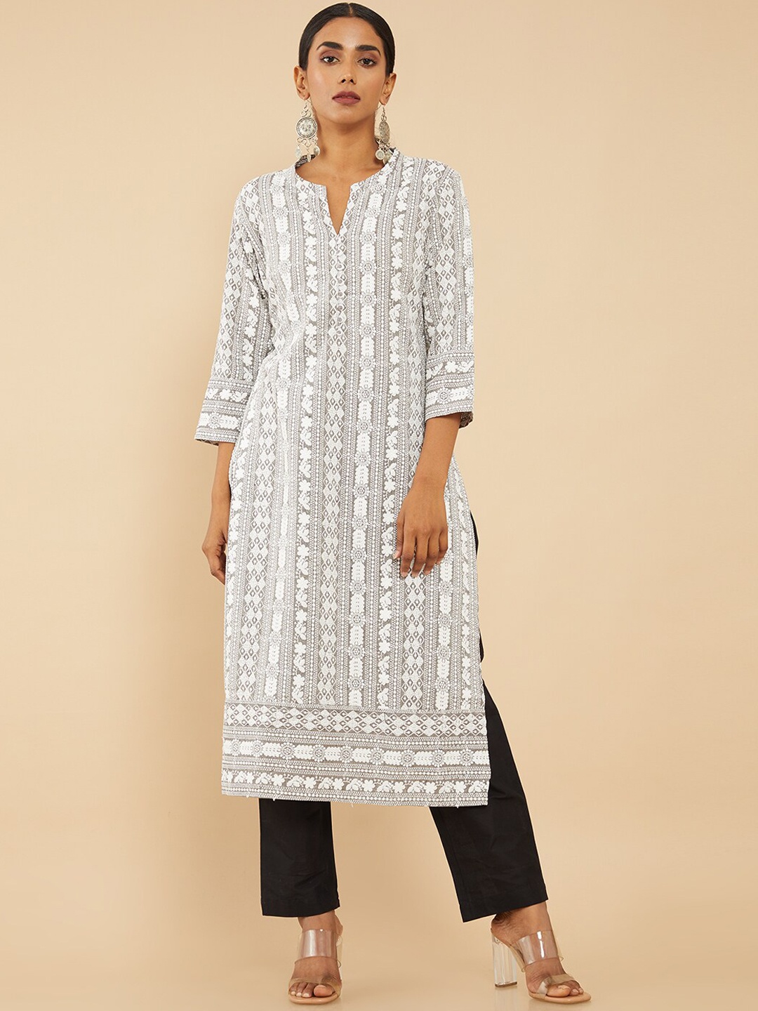 

Soch Women Grey & White Embroidered Straight Kurta