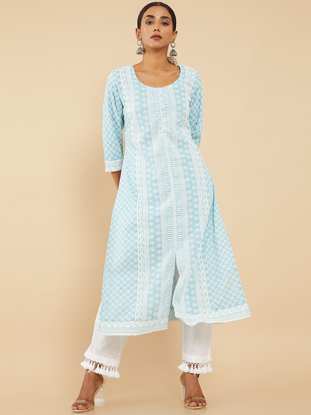 

Soch Women Blue Chikankari Scoop Neck Straight Kurta