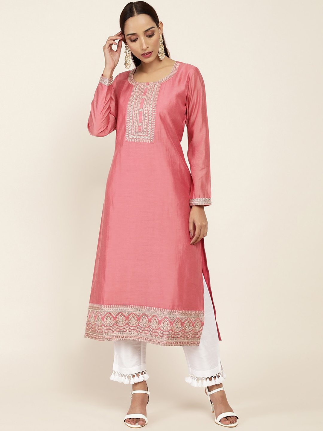 

Soch Women Coral Thread Work Chanderi Silk Kurta