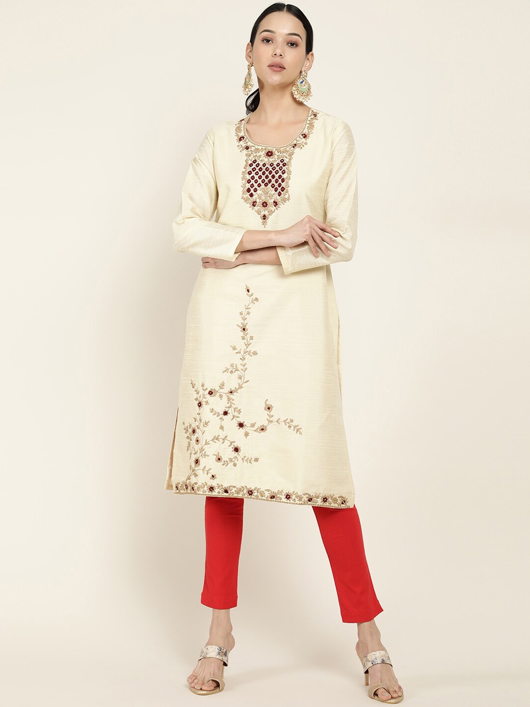 

Soch Women Cream-Coloured Floral Embroidered Mirror Work Kurta