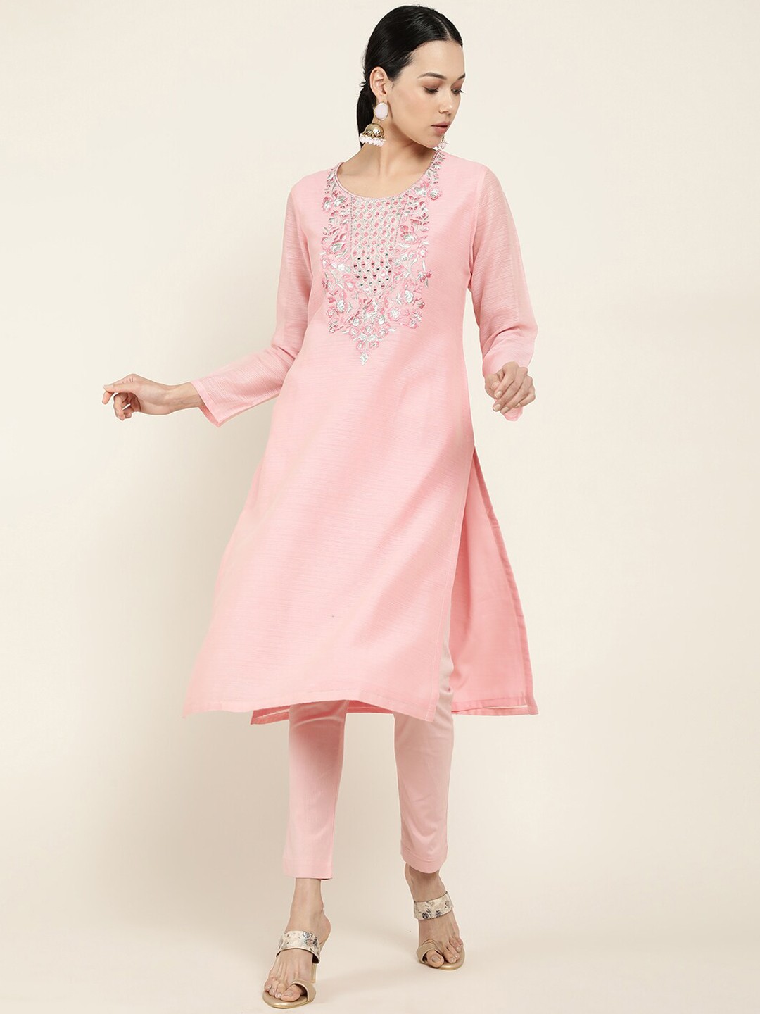 

Soch Women Pink Yoke Design Thread Work Kurta
