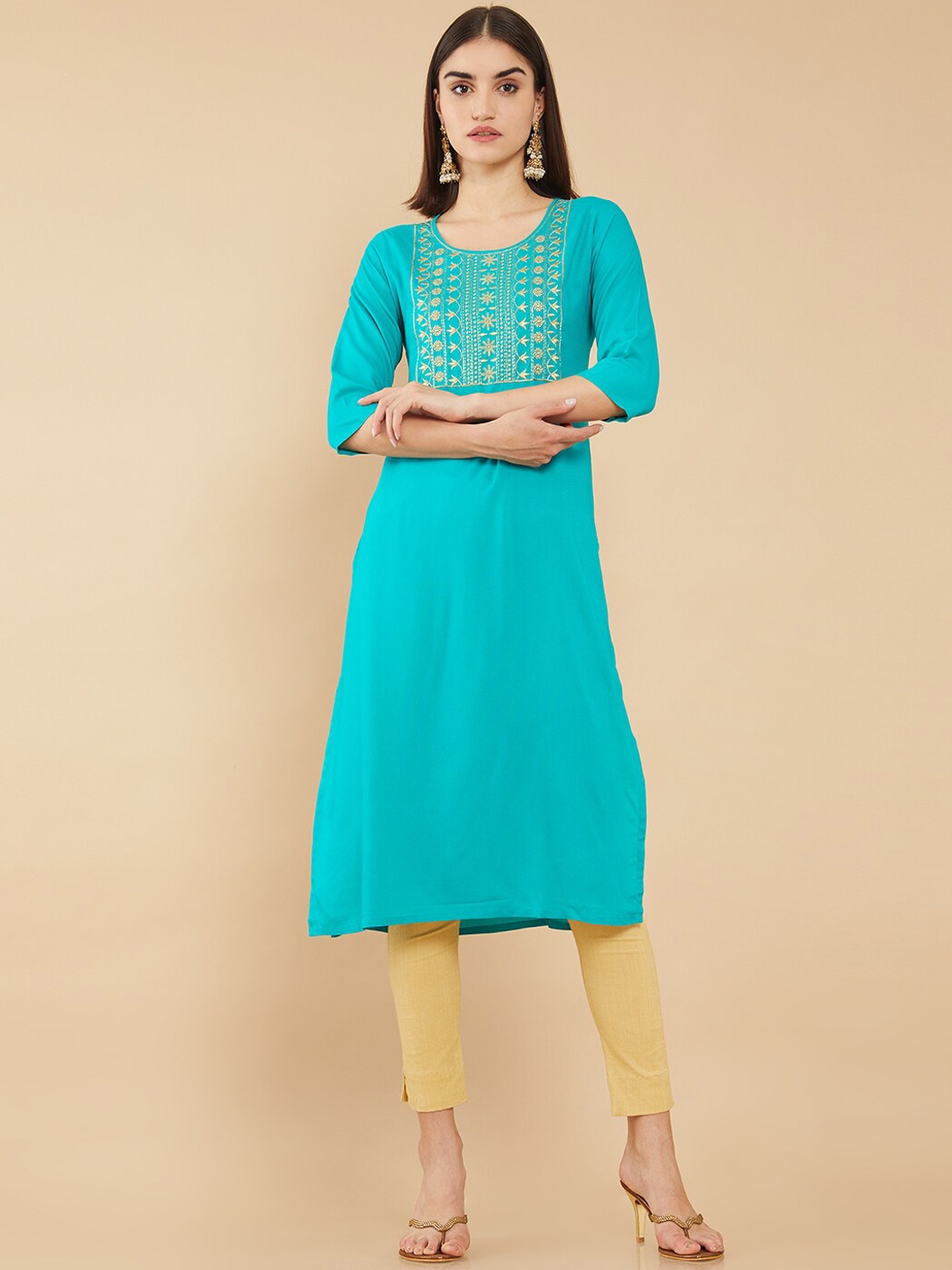

Soch Women Teal Yoke Design Thread Work Kurta