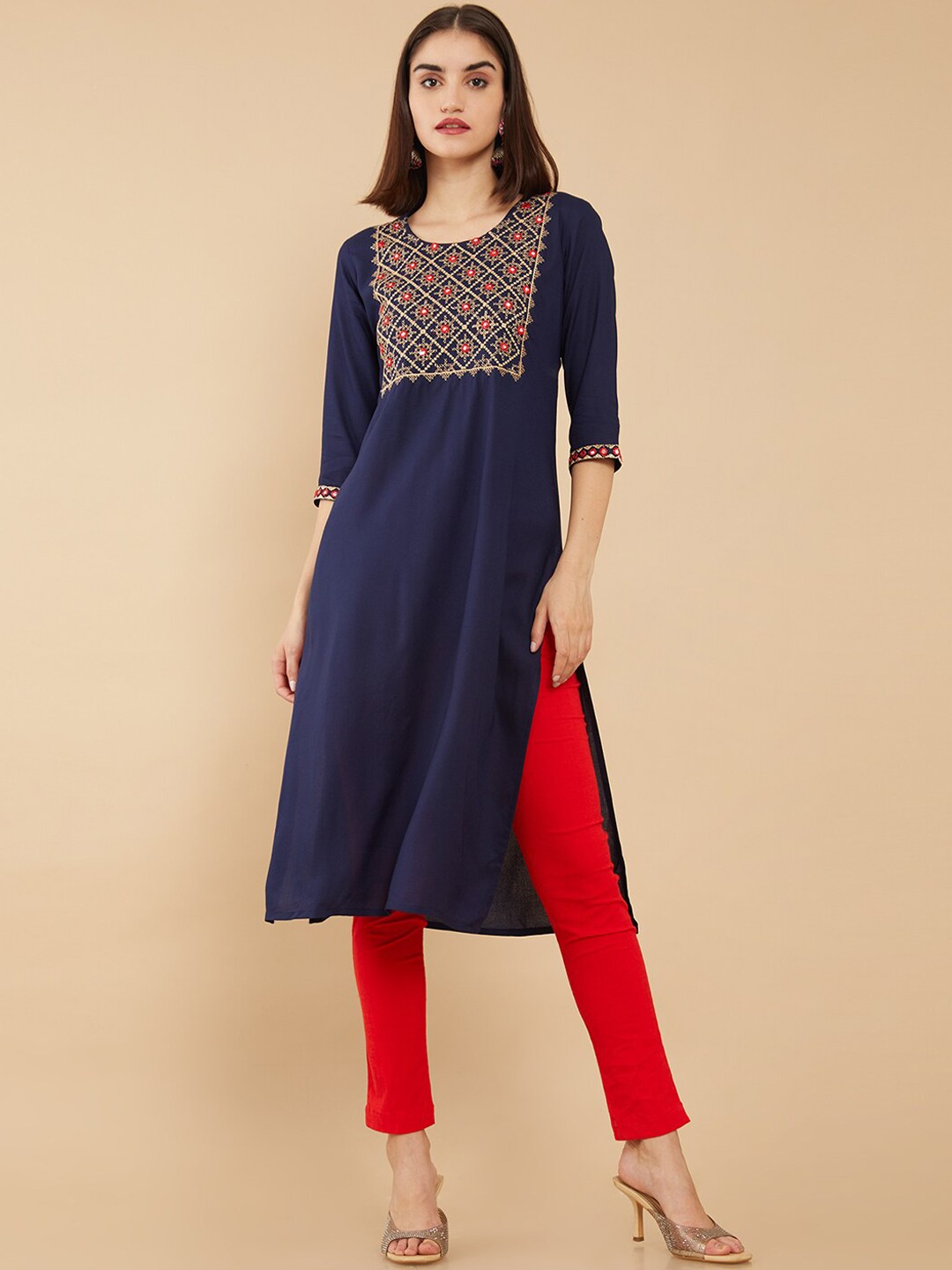 

Soch Women Navy Blue Geometric Yoke Design Mirror Work Kurta