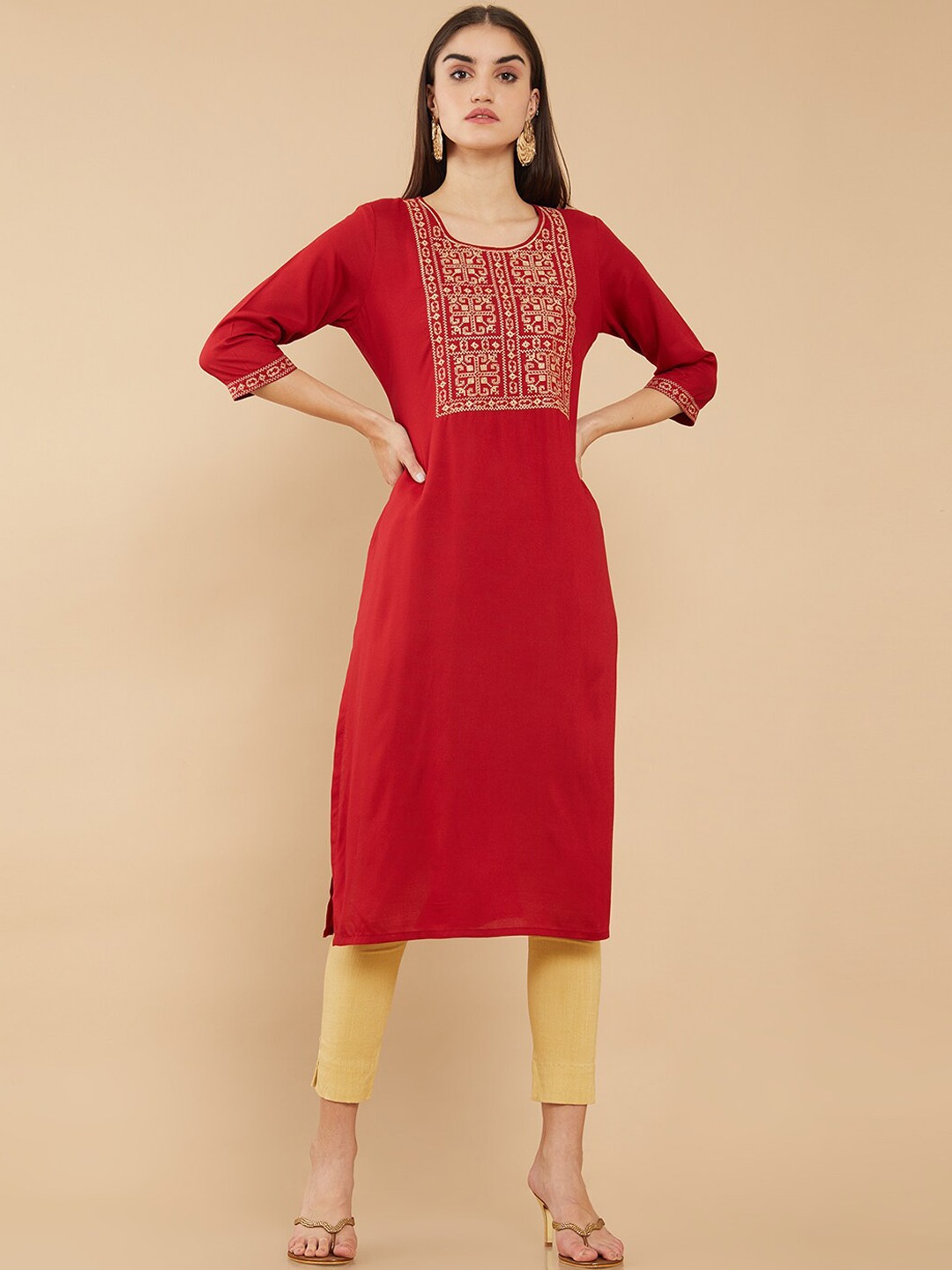 

Soch Women Maroon Ethnic Motifs Yoke Design Kurta