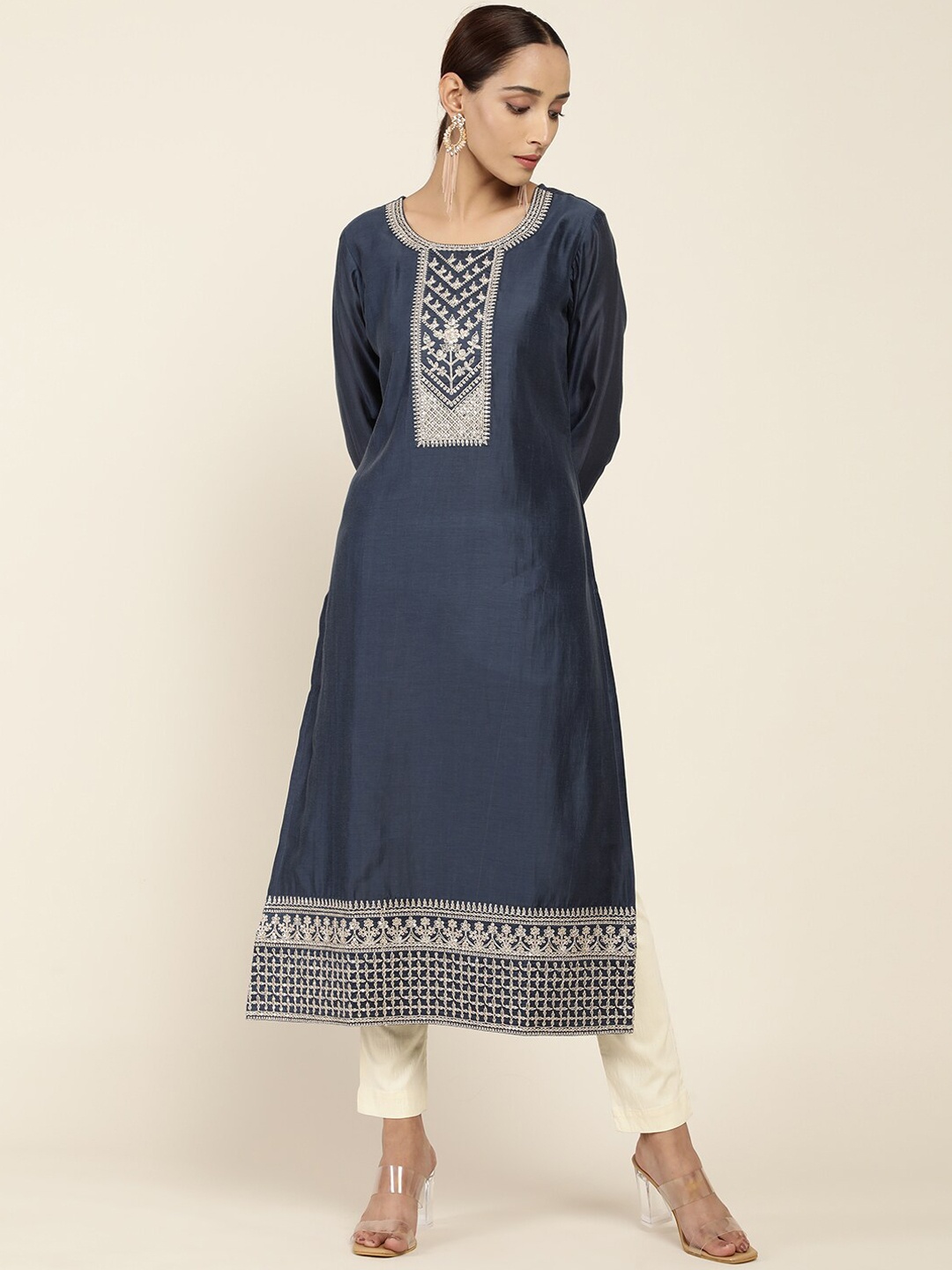 

Soch Women Navy Blue Embroidered Chanderi Silk Kurta