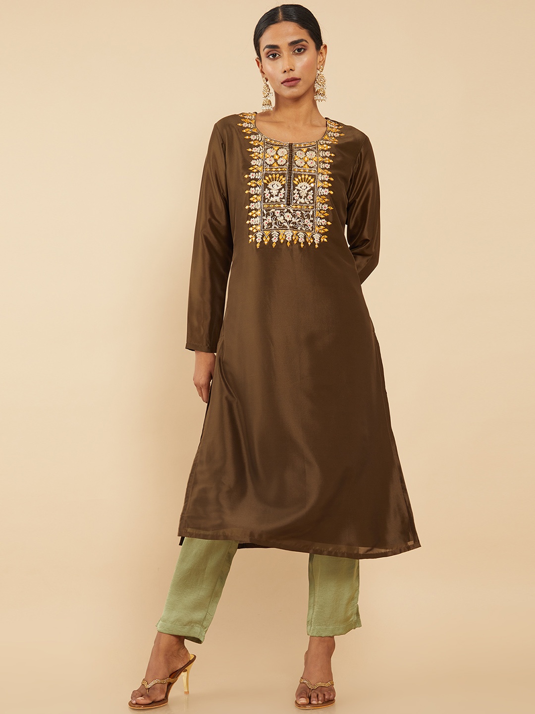 

Soch Women Olive Green Yoke Design Chanderi Silk Anarkali Kurta