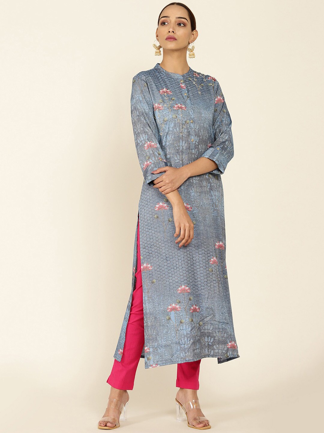

Soch Women Blue Floral Printed With Thread Work Kurta