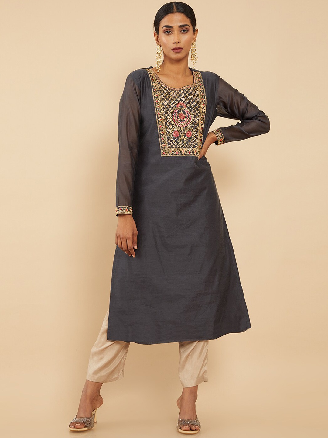 

Soch Women Grey Yoke Design Gotta Patti Chanderi Silk Kurta