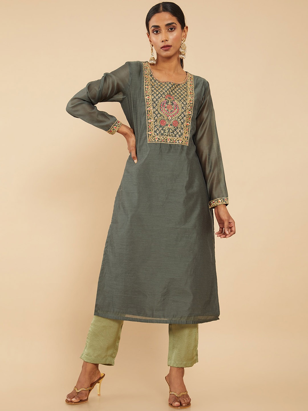 

Soch Women Olive Green Yoke Design Thread Work Chanderi Silk Kurta
