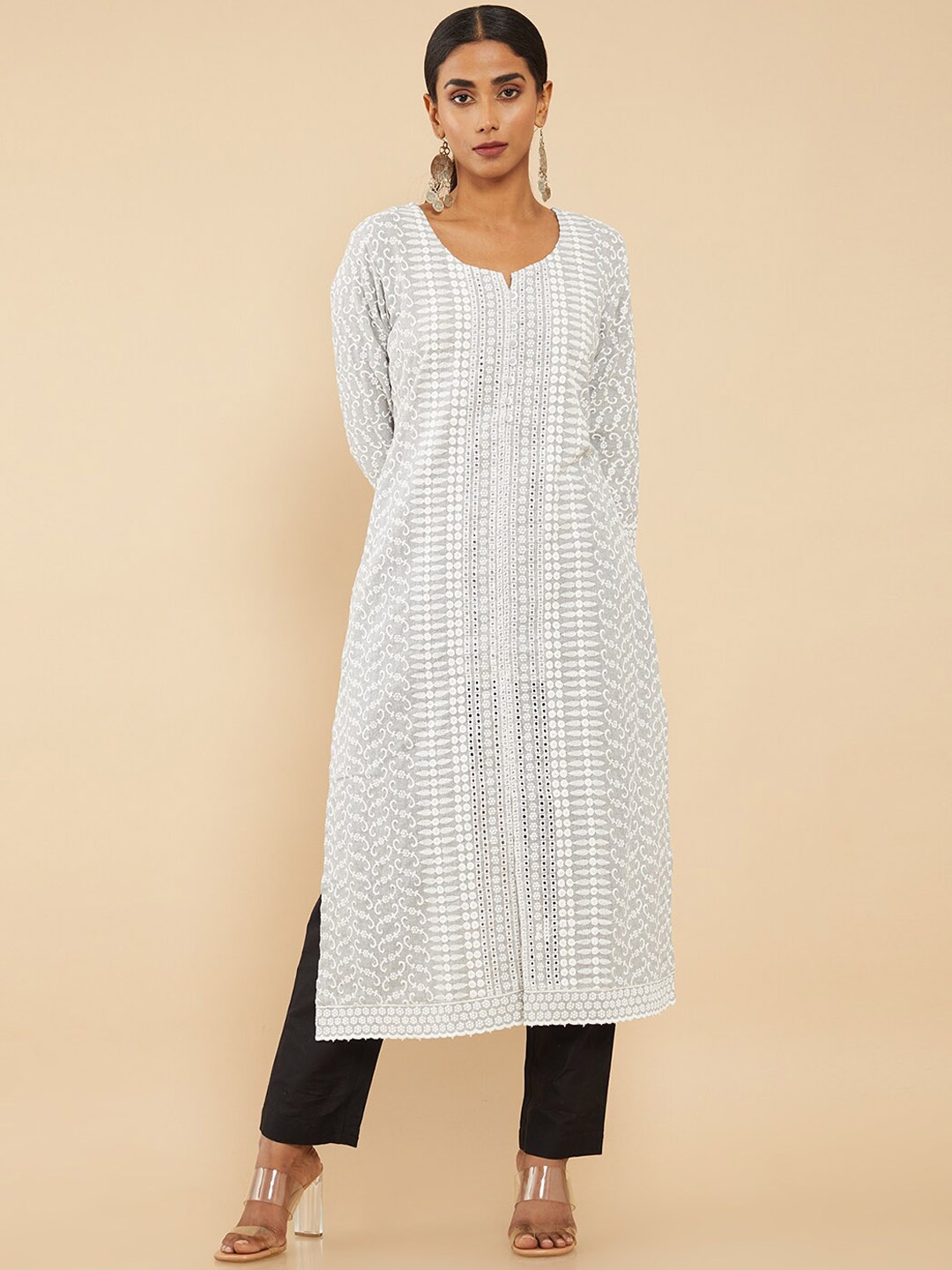 

Soch Women Grey Geometric Striped Chikankari Kurta