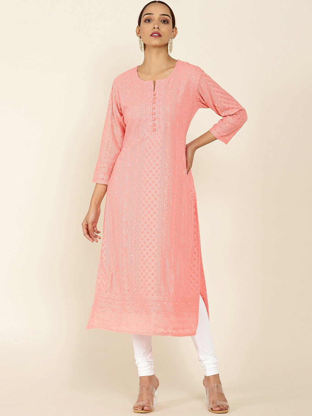 

Soch Women Peach-Coloured Ethnic Motifs Chikankari Georgette Kurta