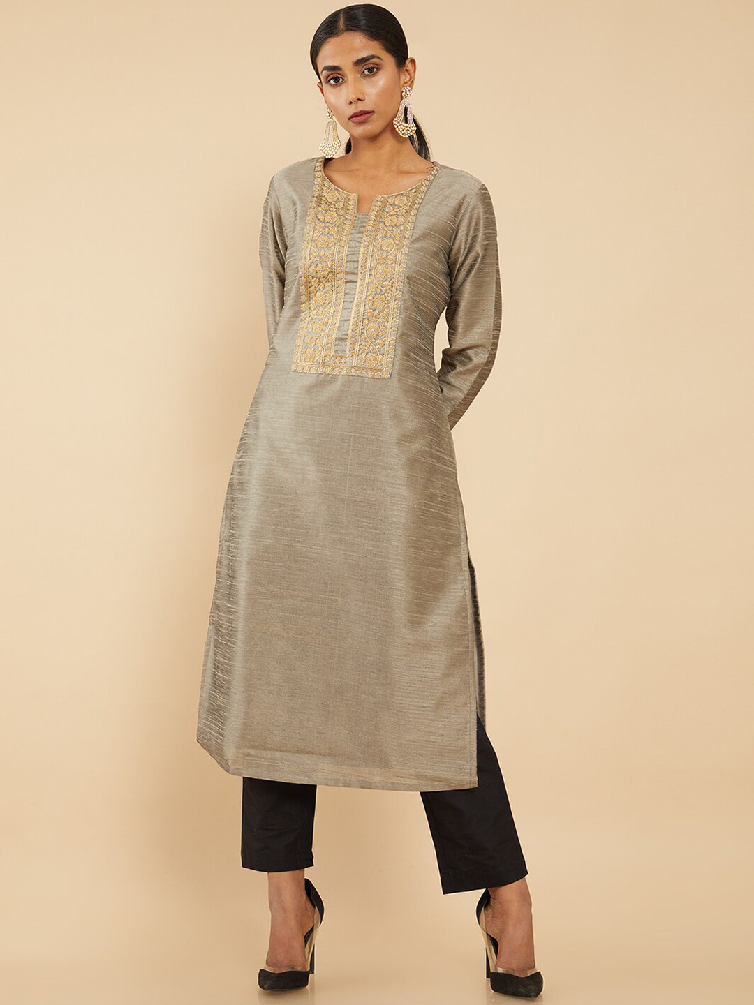 

Soch Women Grey Yoke Design Keyhole Neck Straight Kurta