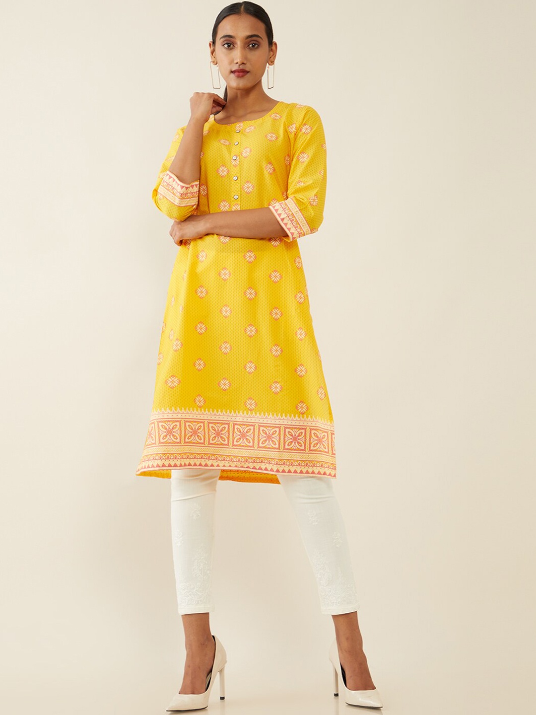 

Soch Women Yellow Geometric Kurta, Mustard