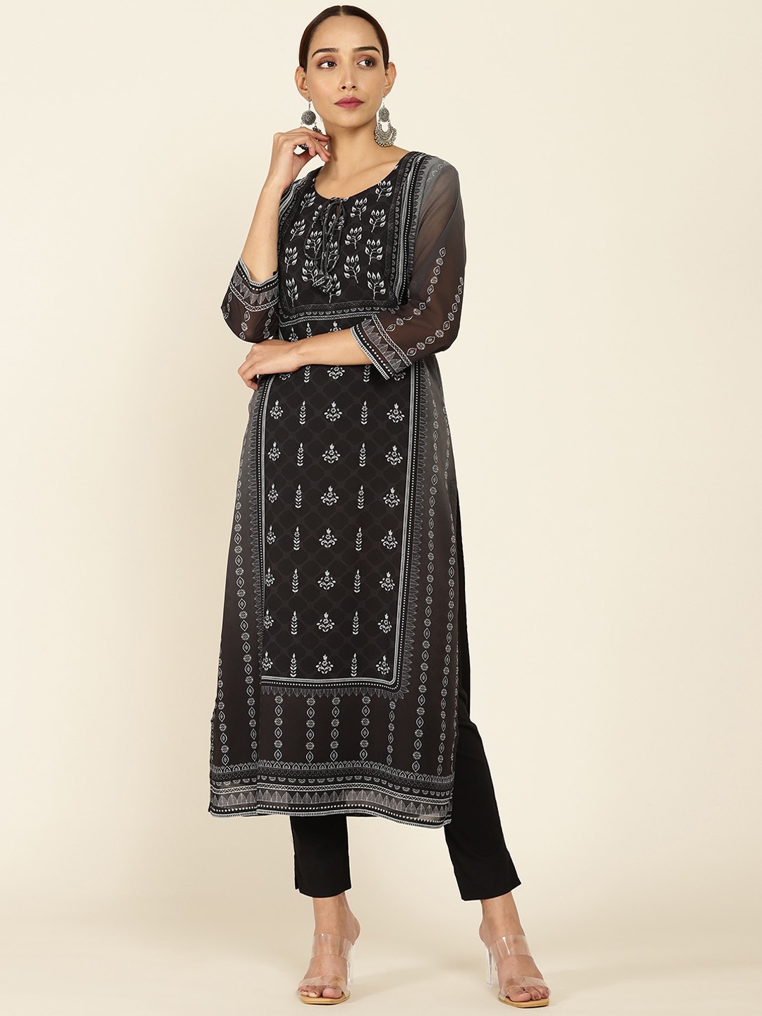 

Soch Women Charcoal Geometric Georgette Straight Kurta