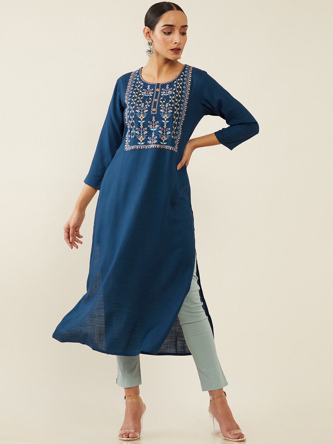 

Soch Women Navy Blue Yoke Design Thread Work Kurta