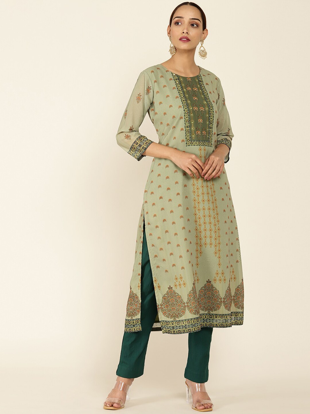 

Soch Women Green Ethnic Motifs Printed Georgette Kurta