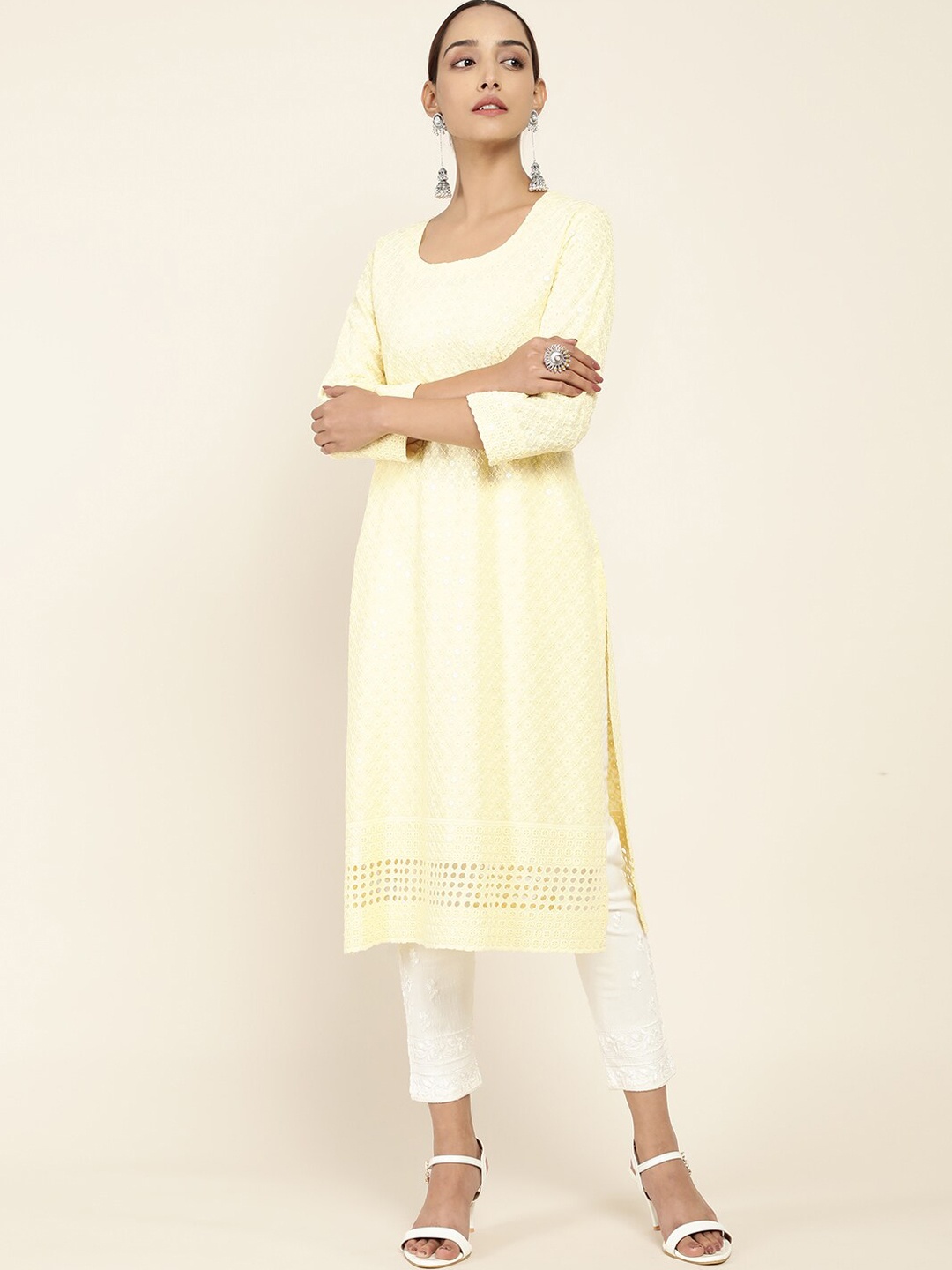 

Soch Women Yellow Floral Embroidered Chikankari Kurta