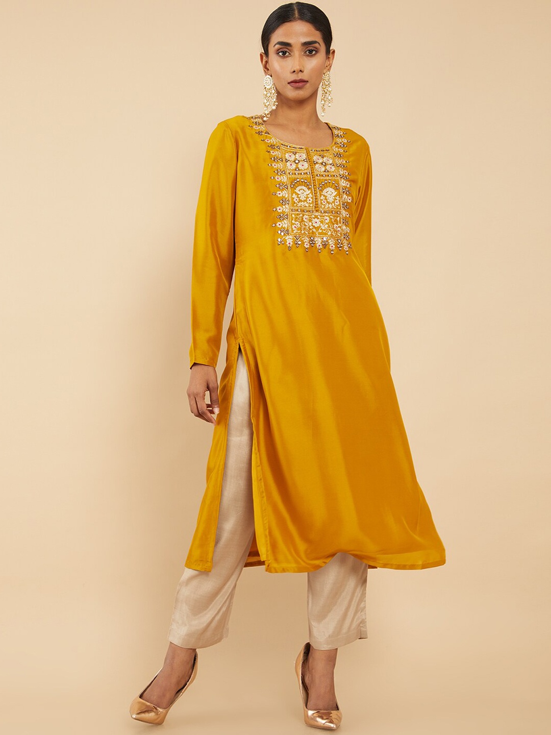 

Soch Women Mustard Yellow Yoke Design Tribal Embroidered Chanderi Silk Kurta