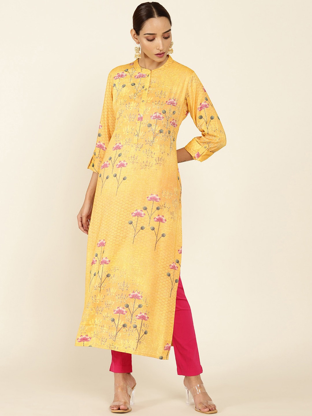 

Soch Women Yellow Floral Printed Thread Work Kurta