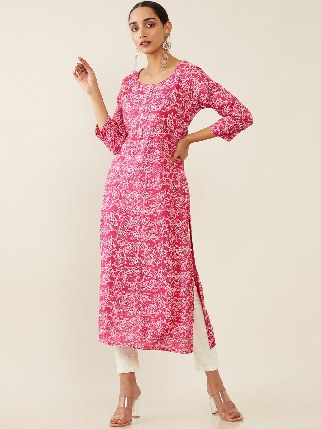 

Soch Women Pink & White Floral Printed Straight Kurta