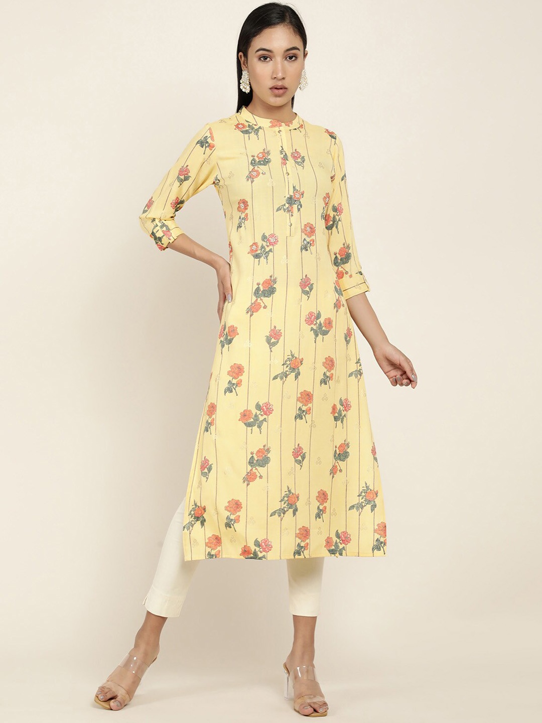 

Soch Women Mustard Yellow Floral Printed Straight Kurta