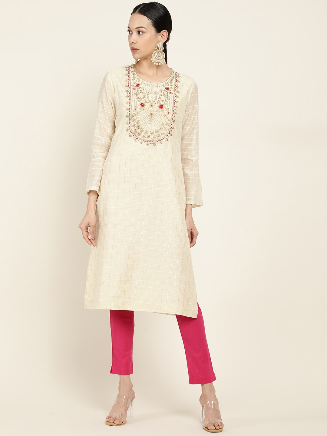 

Soch Women Beige Yoke Design Ethnic Motifs Embroidered Kurta