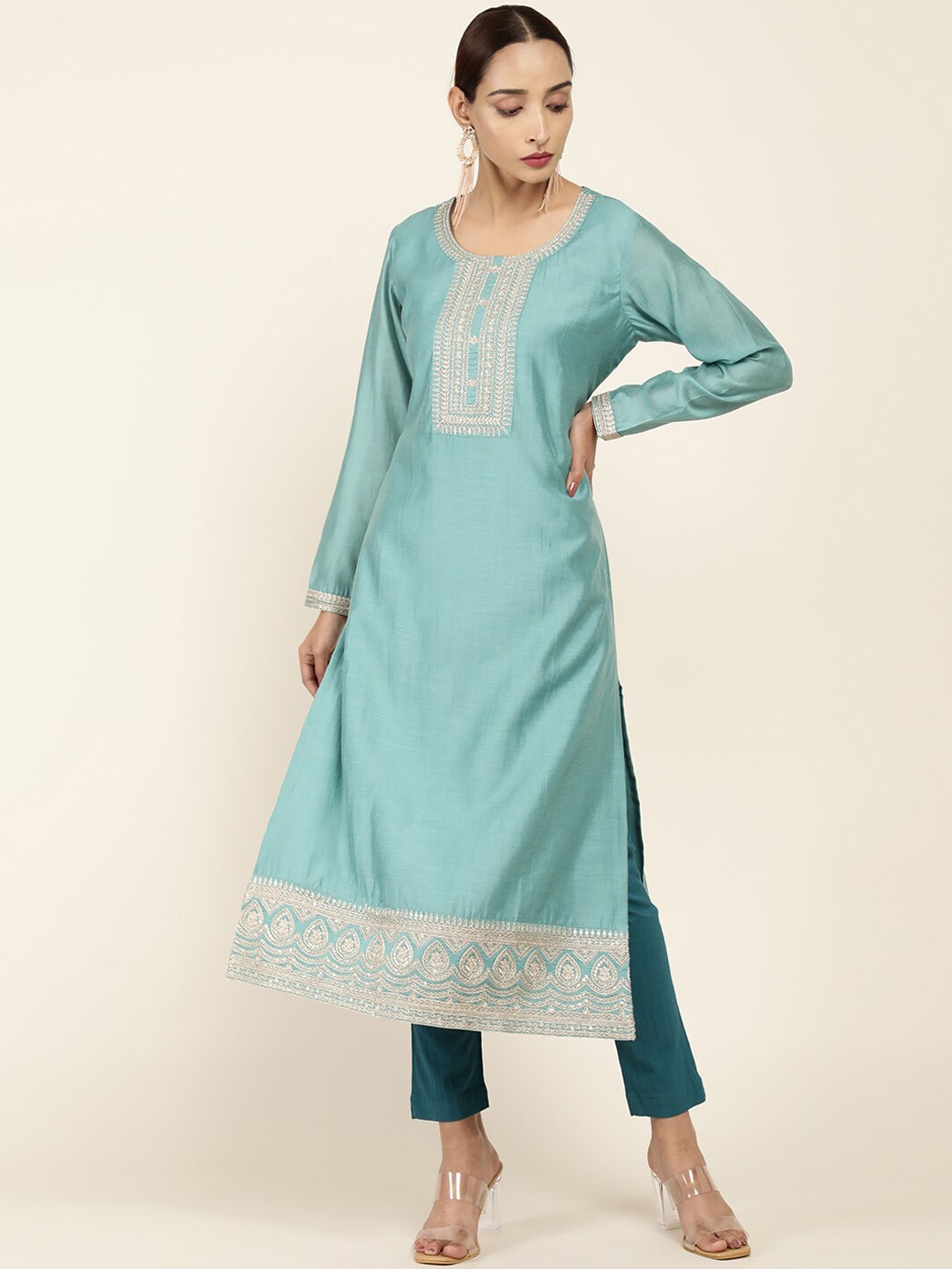 

Soch Women Teal Geometric Yoke Design Thread Work Chanderi Silk Kurta