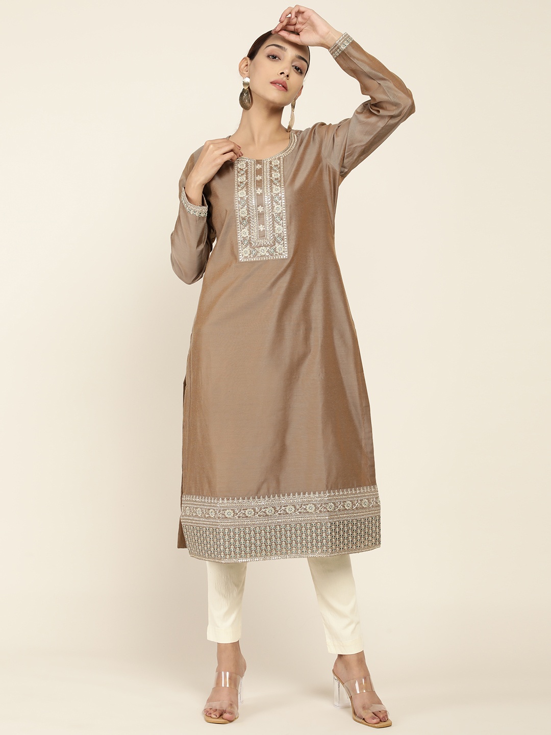 

Soch Women Taupe Ethnic Motifs Yoke Design Thread Work Chanderi Silk Kurta