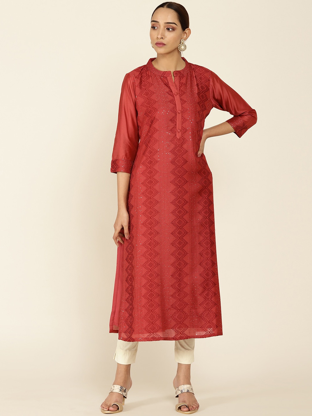 

Soch Women Rust Keyhole Neck Thread Work Chanderi Silk Kurta
