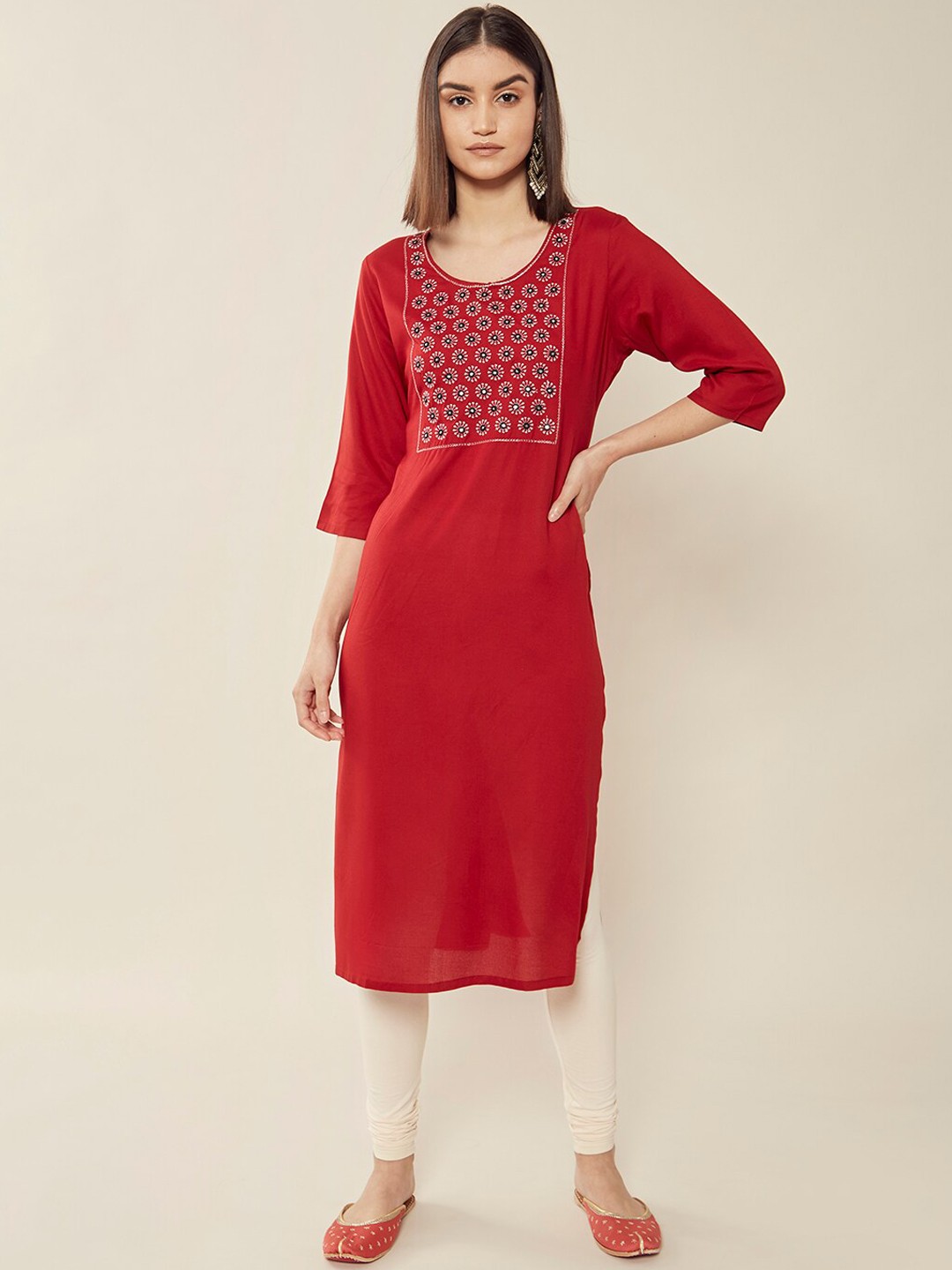 

Soch Women Maroon Yoke Design Embroidered Mirror Work Straight Kurta