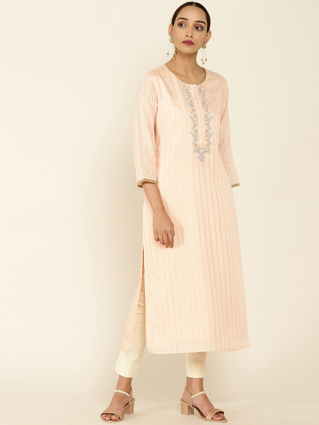

Soch Women Peach-Coloured Striped Embroidered Straight Kurta