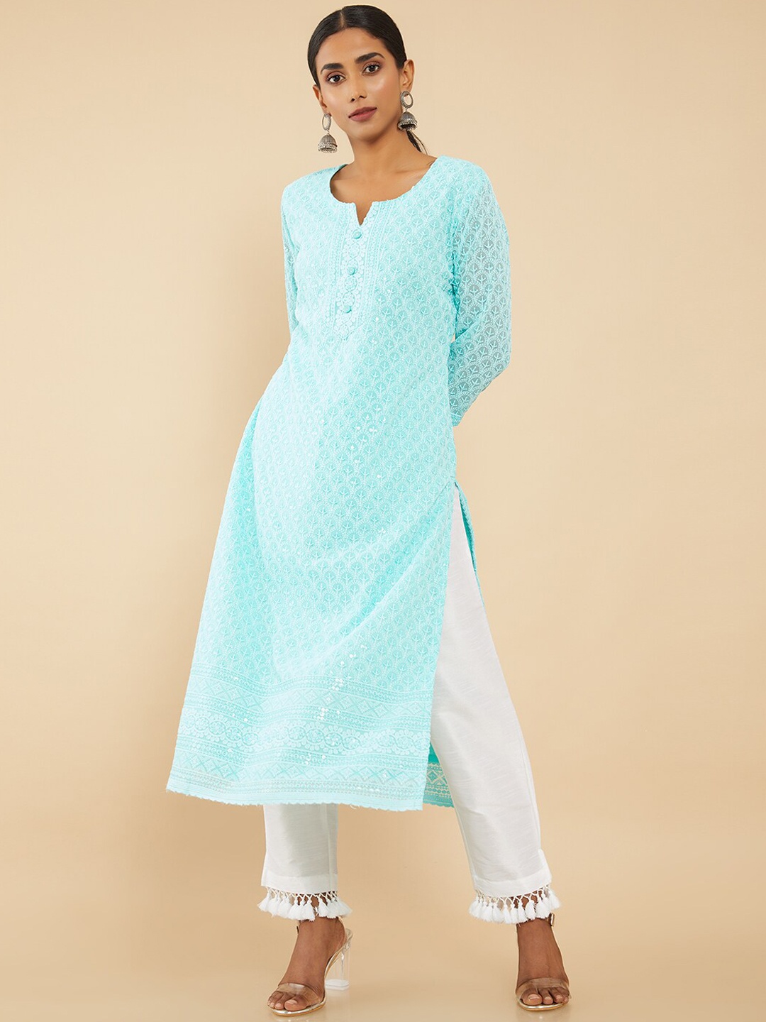 

Soch Women Blue Geometric Chikankari Georgette Kurta