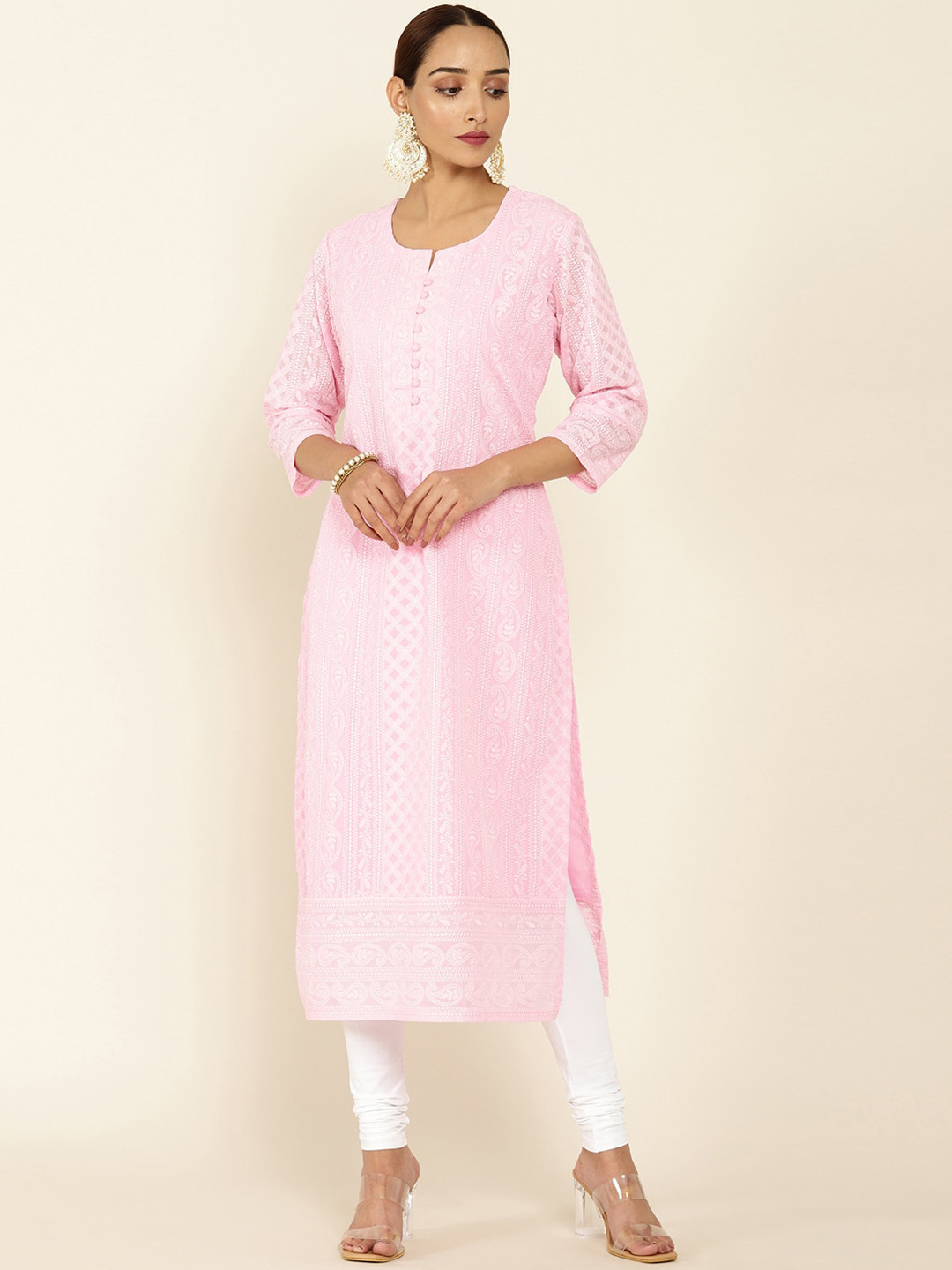 

Soch Women Pink Geometric Embroidered Chikankari Georgette Straight Kurta