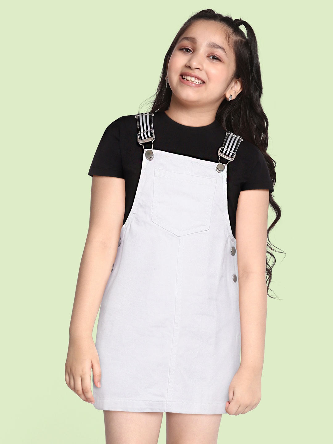 

DeFacto Girls White Solid Denim Cotton Pinafore Dress with Oversized Patch Pocket