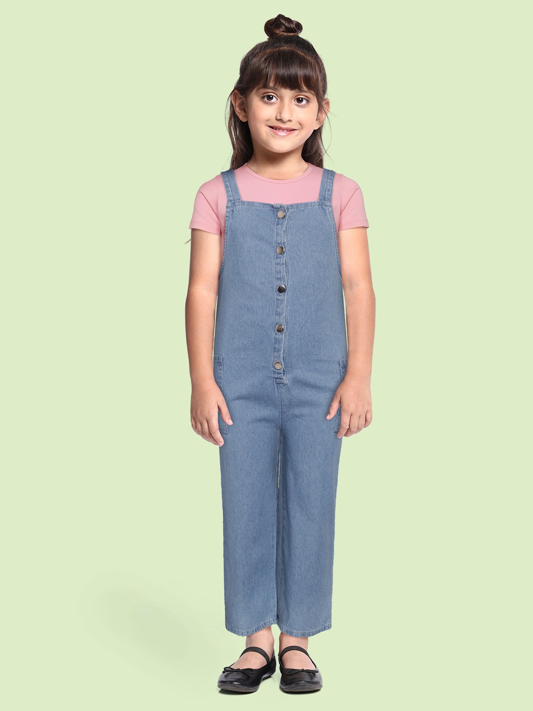 

DeFacto Girls Blue Solid Cotton Denim Dungarees with Oversized Patch Pockets