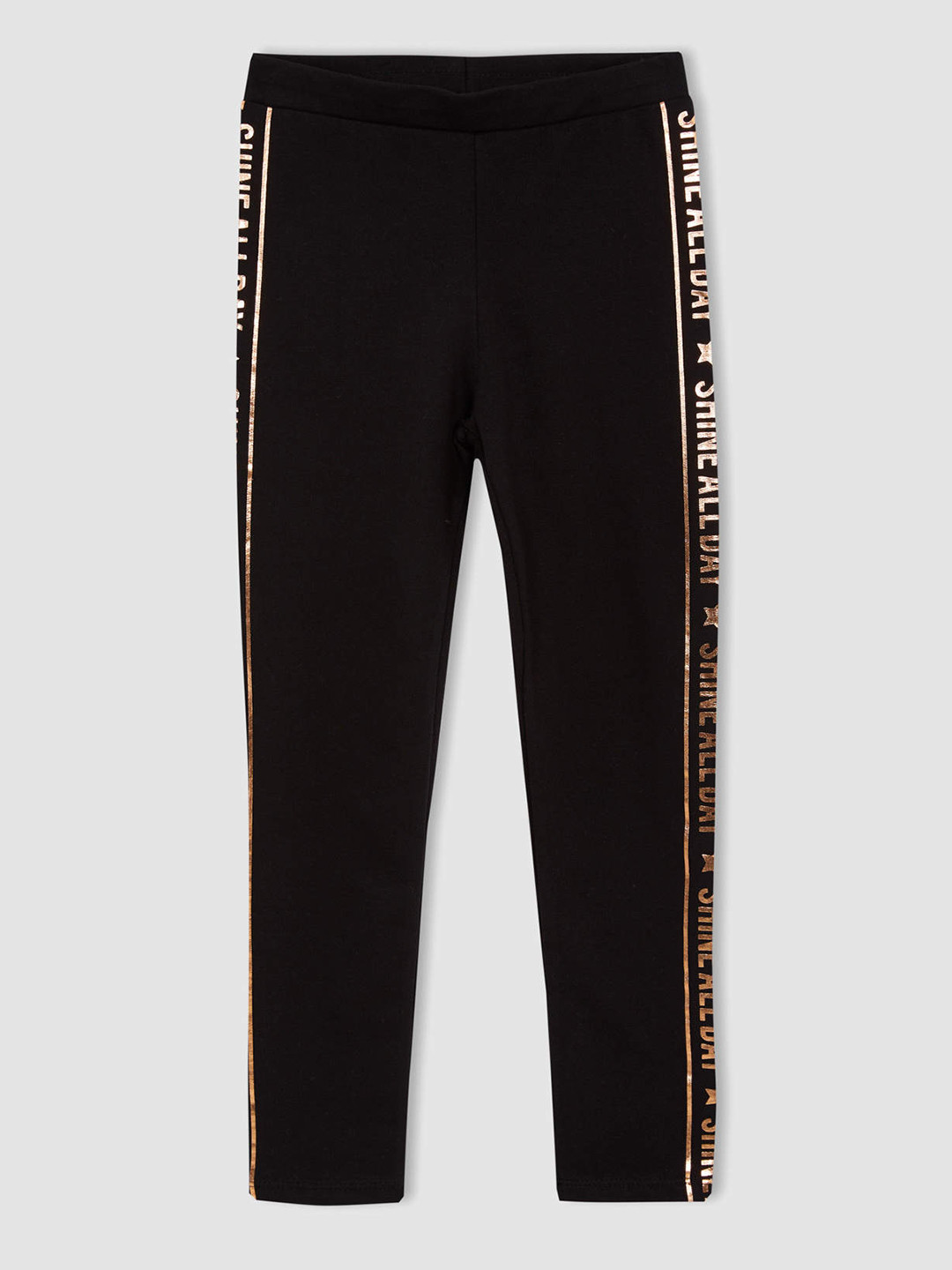 

DeFacto Girls Black & Rose Gold Solid Ankle Length Leggings with Side Printed Detail