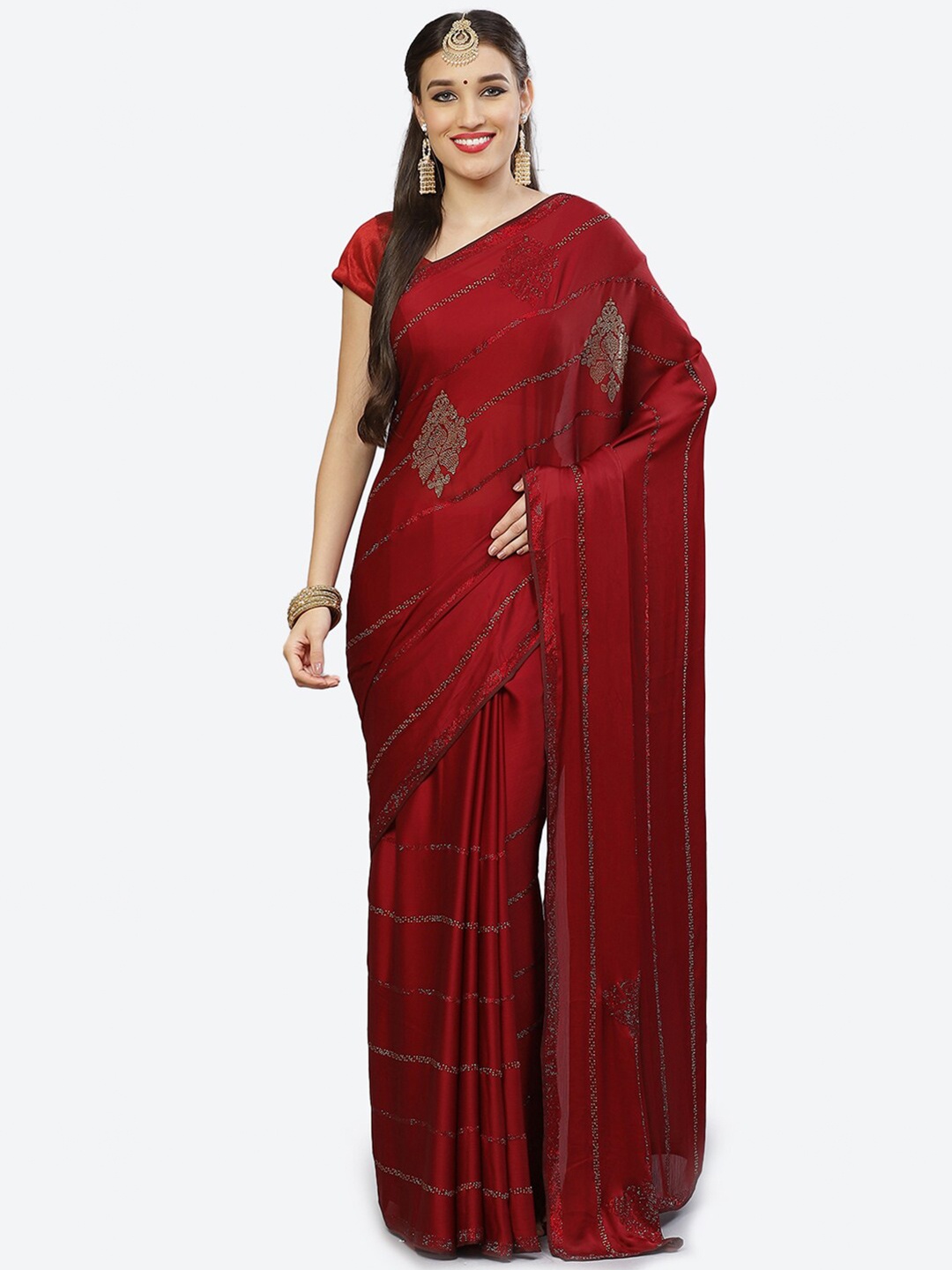 

Meena Bazaar Women Maroon Embroidered Chiffon Saree