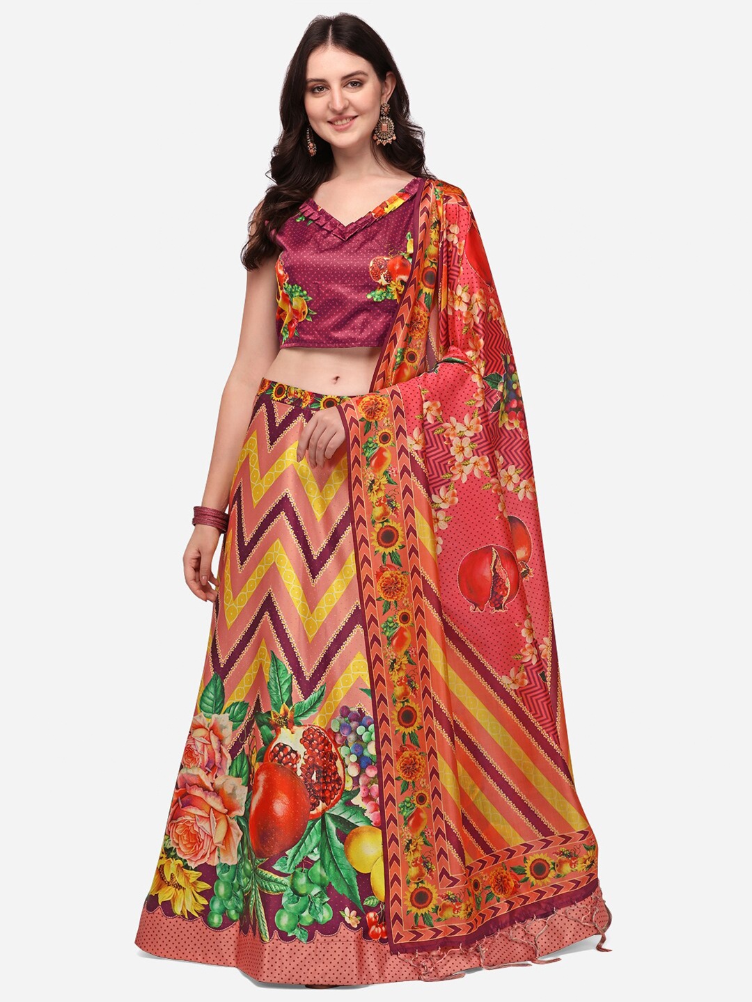 

Mitera Peach & Maroon Printed Semi-Stitched Lehenga & Unstitched Blouse With Dupatta