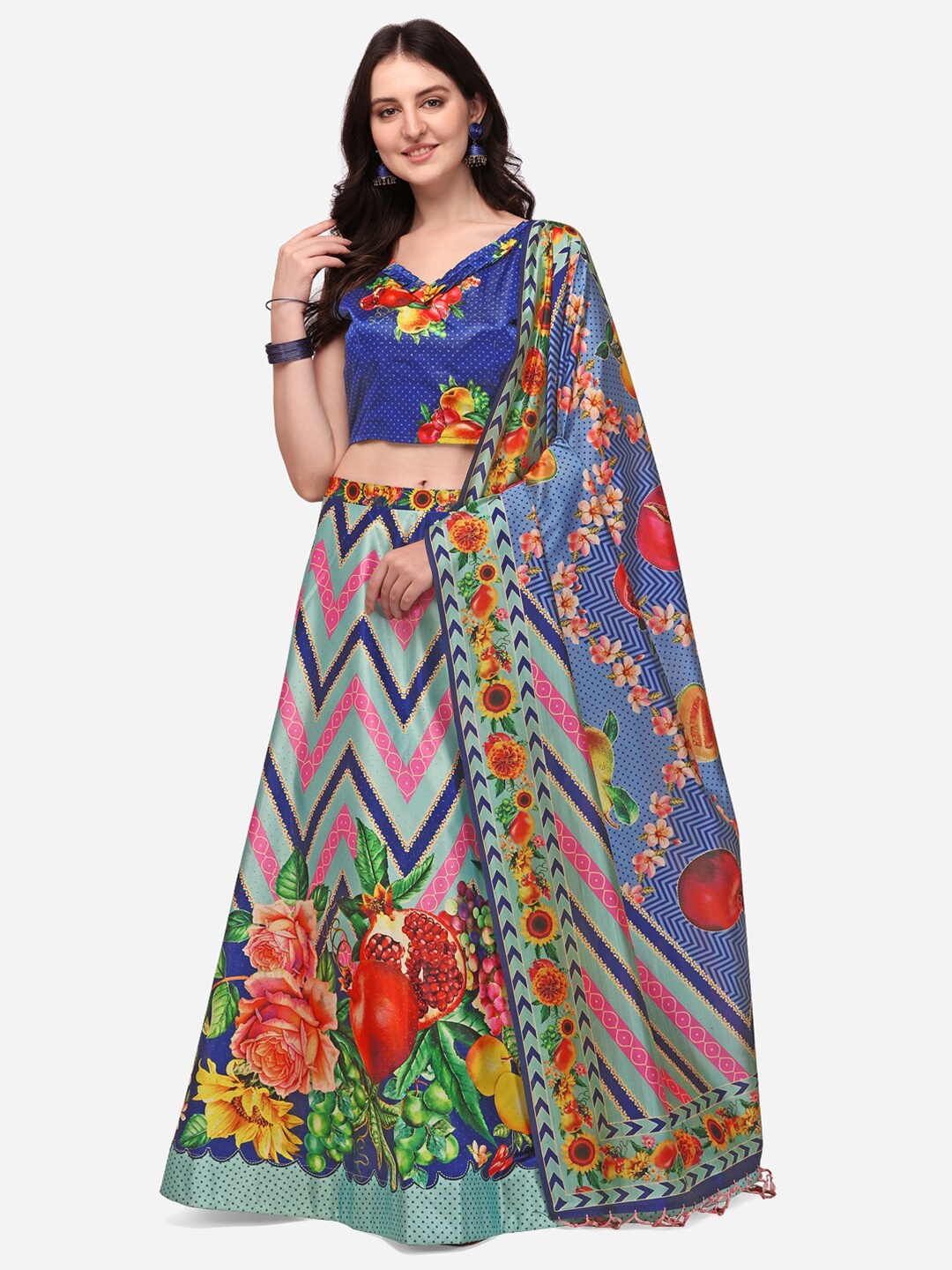 

Mitera Women Blue Floral Printed Satin Semi-Stitched Lehenga Choli With Dupatta
