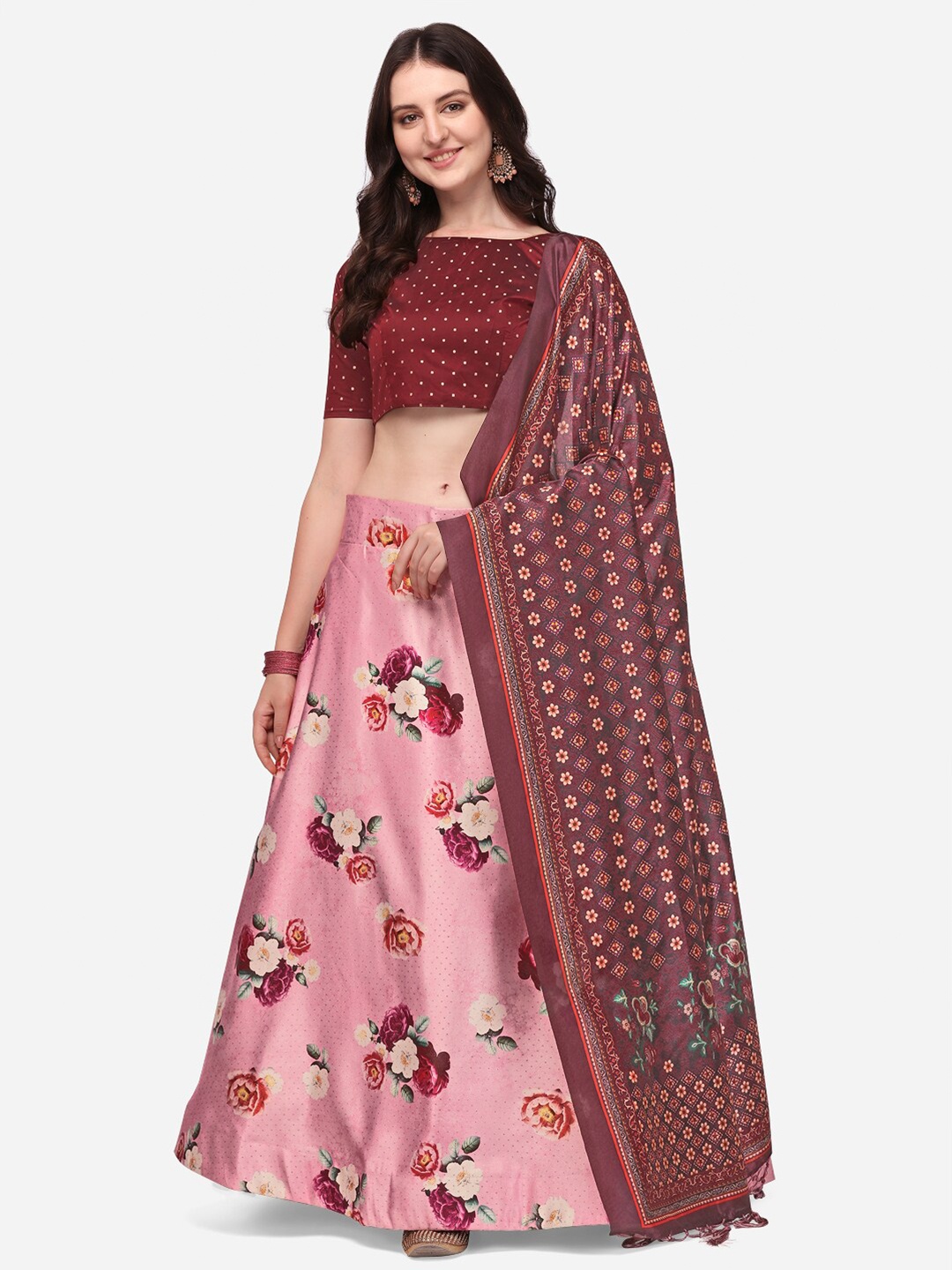 

Mitera Pink & Brown Printed Semi-Stitched Lehenga & Unstitched Blouse With Dupatta