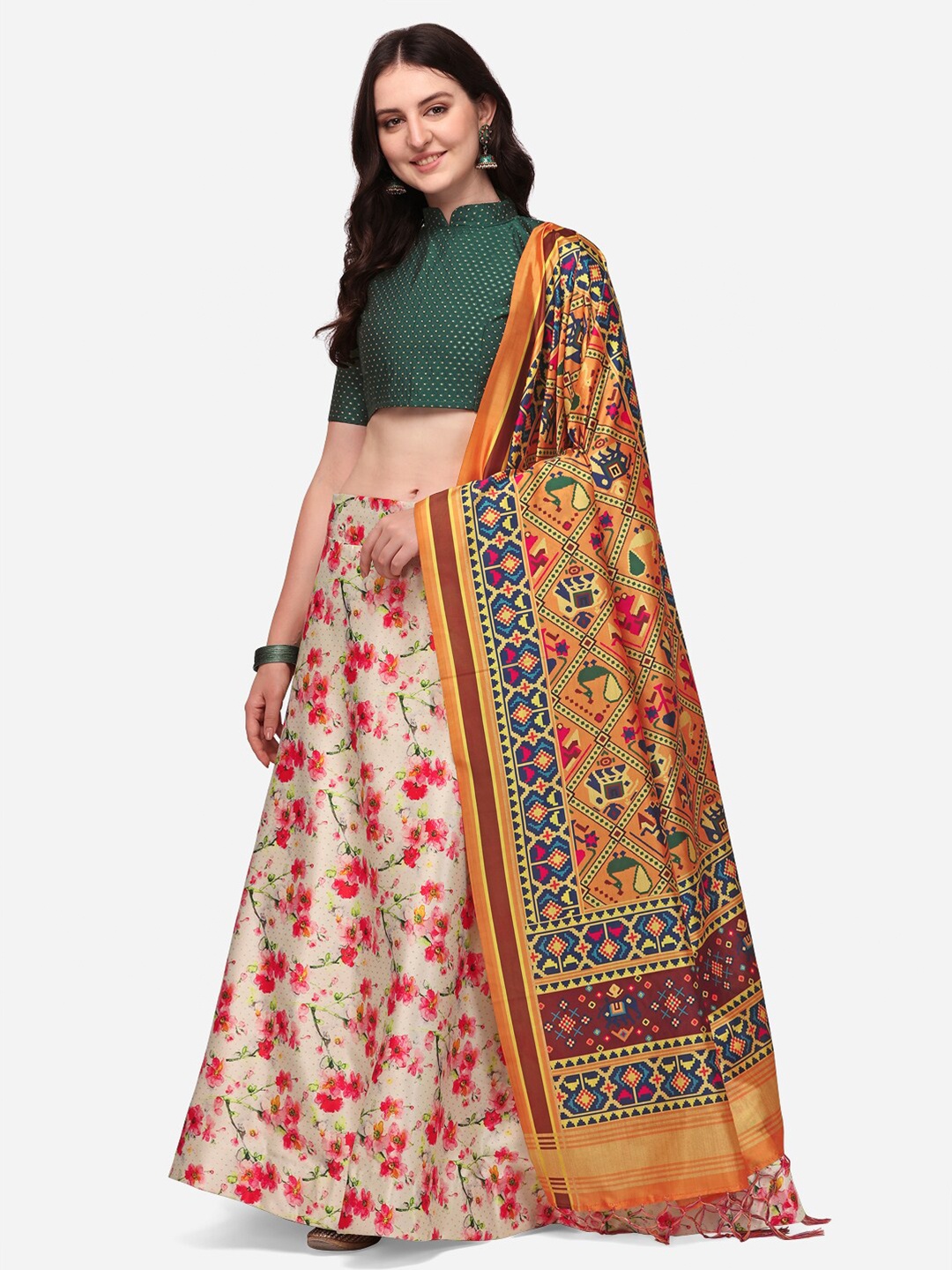 

Mitera Beige & Green Semi-Stitched Lehenga & Unstitched Blouse With Dupatta